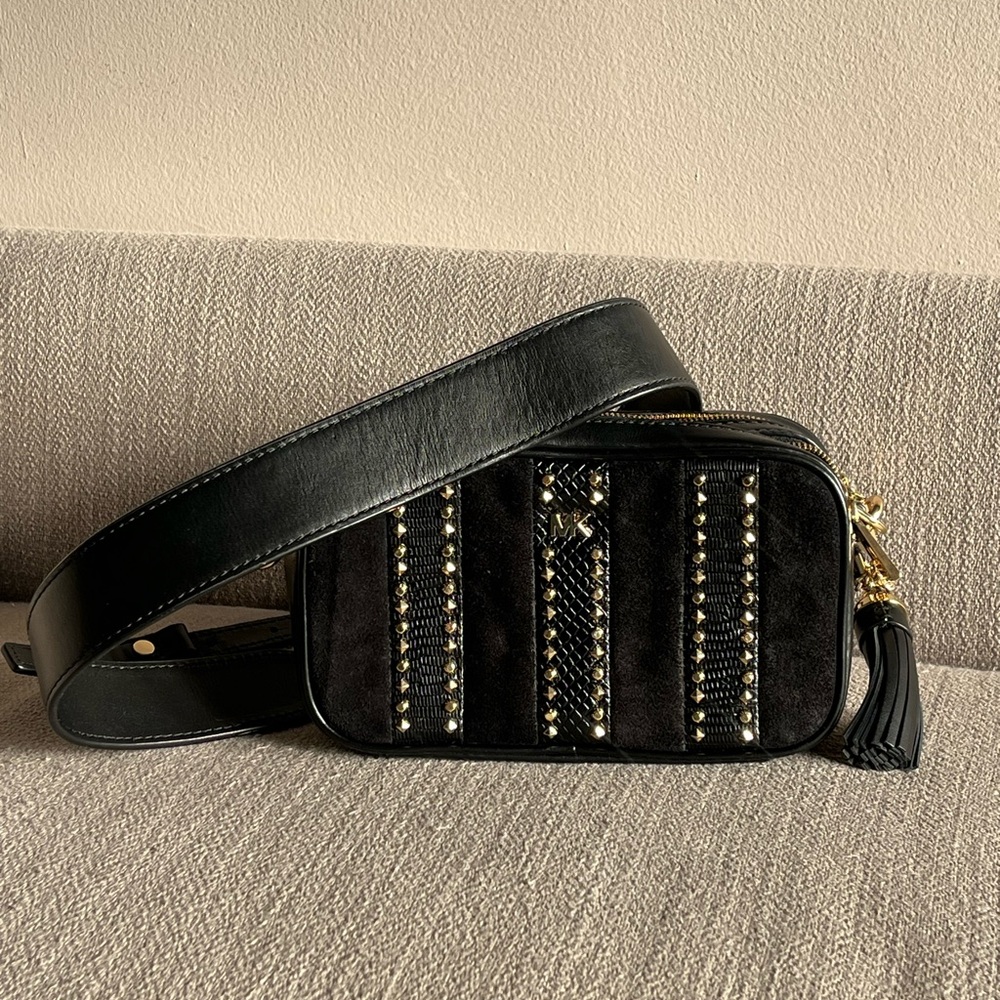 Michael Kors Black leather and suede small camera bag Studded crossbody w/wallet